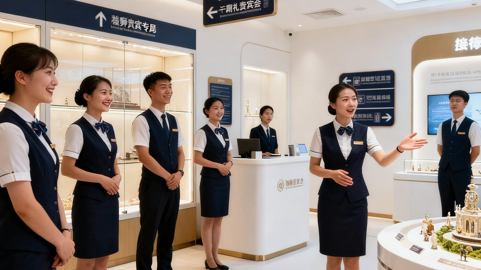 美狮贵宾会新一期礼宾专员培训现场，学员们在模拟展馆环境中进行接待演练